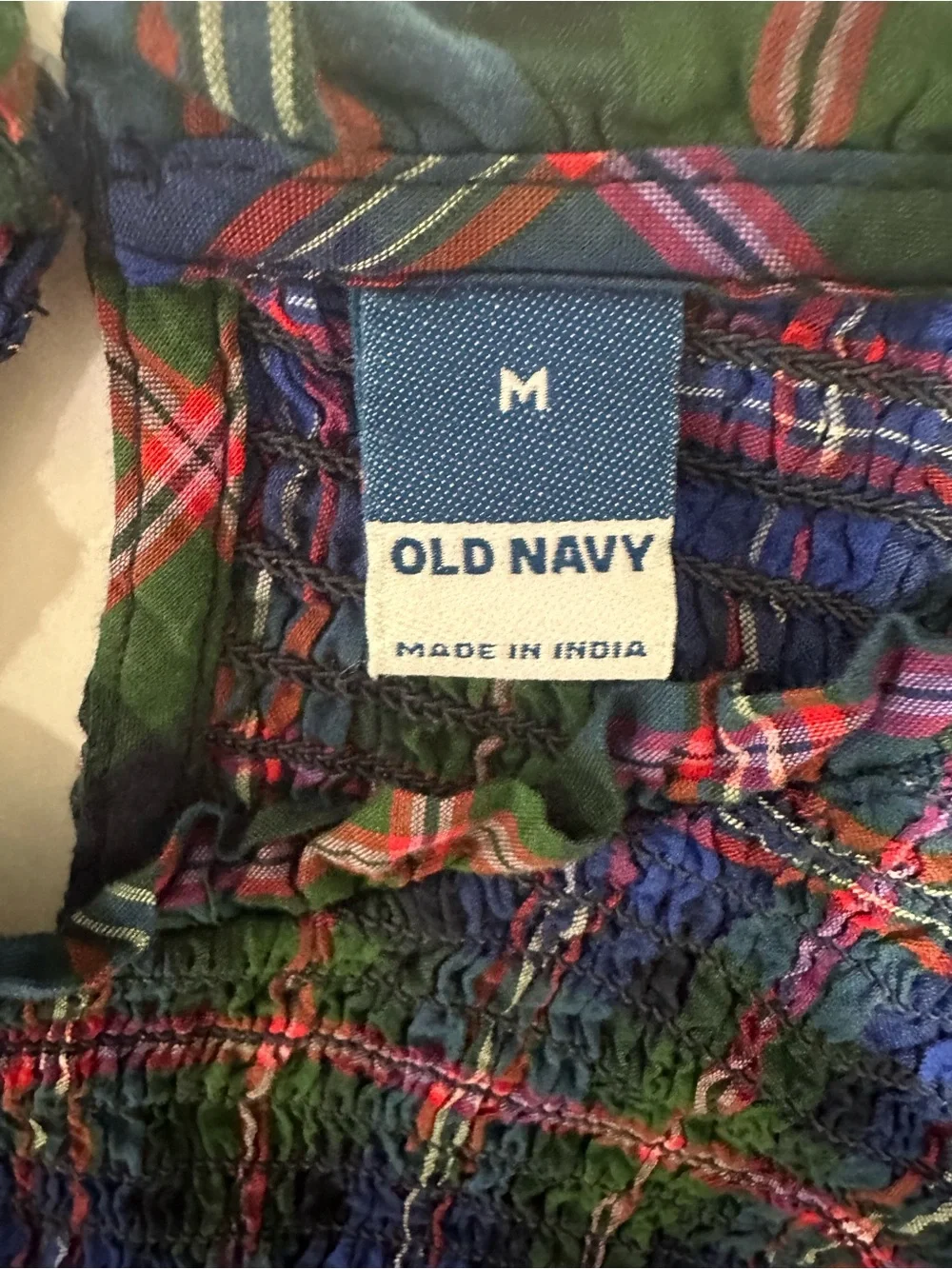 Old Navy Blue & Green Plaid Smocked Peplum Blouse Medium